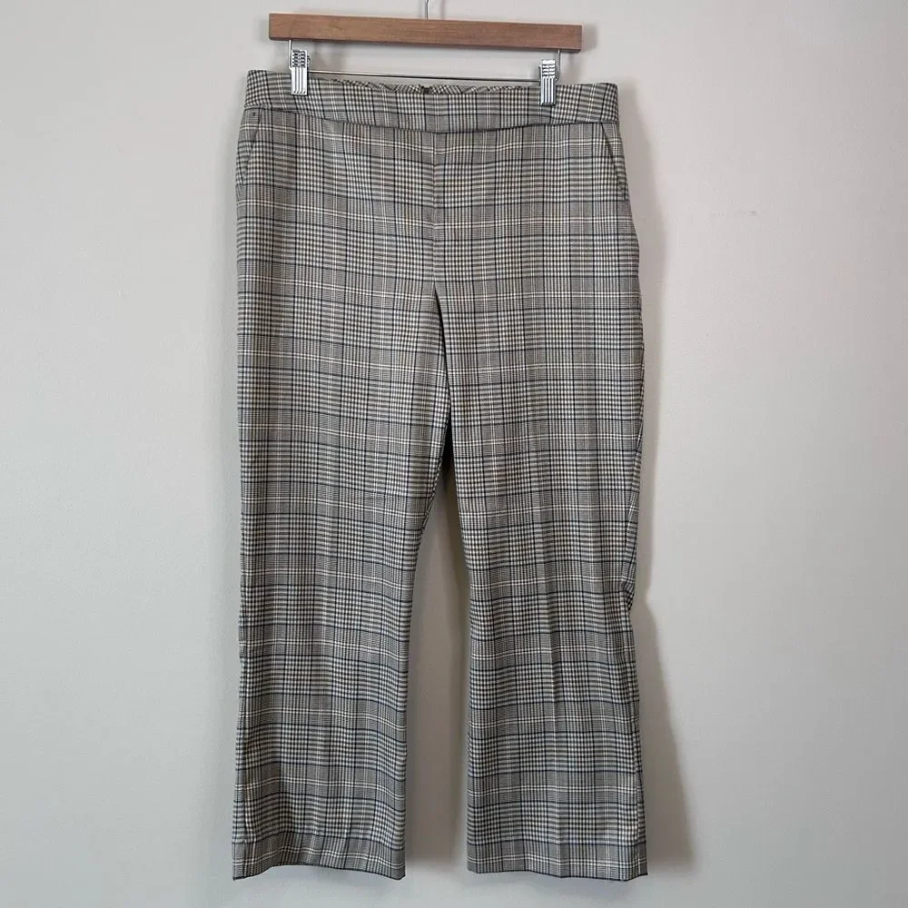 CAbi Tribute Khaki Blue Plaid Cropped Kick Flare Trousers Size 8